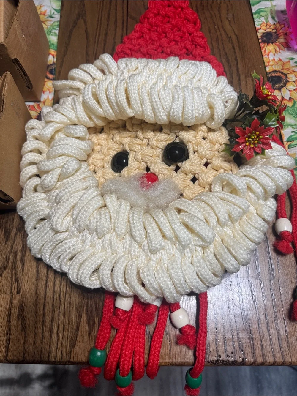 Handmade Crochet Santa Face Wall Hanging - Cream & Red